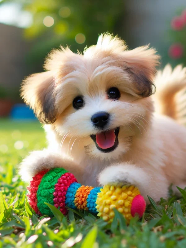 DALL·E 2025-01-07 01.56.23 – A playful puppy with a bright-colored chew toy in a backyard. The puppy is a small, fluffy breed with a happy expression, surrounded by green grass an DALL·E 2025-01-07 01.56.23 - A playful puppy with a bright-colored chew toy in a backyard. The puppy is a small, fluffy breed with a happy expression, surrounded by green grass an