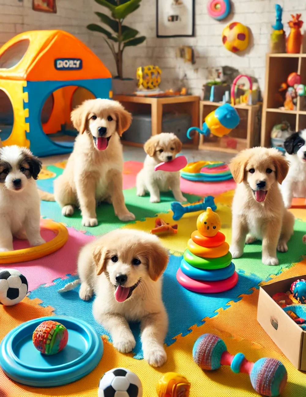 DALL·E 2025-01-07 01.56.25 – A group of playful puppies interacting with various dog toys, including a frisbee, chew toys, and a puzzle feeder, in a colorful indoor play area with DALL·E 2025-01-07 01.56.25 - A group of playful puppies interacting with various dog toys, including a frisbee, chew toys, and a puzzle feeder, in a colorful indoor play area with
