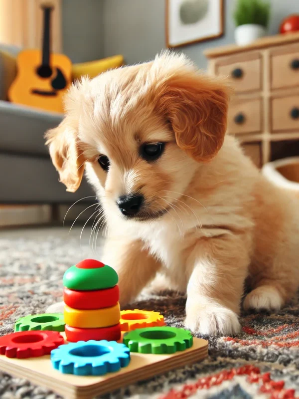 DALL·E 2025-01-07 01.56.27 – A cute puppy playing with a colorful puzzle toy on a cozy living room carpet. The toy is designed to hold treats, and the puppy is actively interactin DALL·E 2025-01-07 01.56.27 - A cute puppy playing with a colorful puzzle toy on a cozy living room carpet. The toy is designed to hold treats, and the puppy is actively interactin