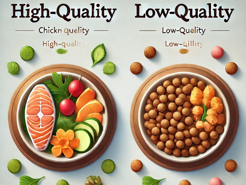 DALL·E 2025-01-09 04.03.00 – A comparison image showing two bowls of cat food side by side. The left bowl contains high-quality cat food with fresh ingredients like chicken pieces DALL·E 2025-01-09 04.03.00 - A comparison image showing two bowls of cat food side by side. The left bowl contains high-quality cat food with fresh ingredients like chicken pieces